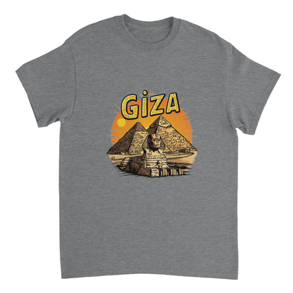 sport grey Giza Egypt Unisex Travel T-Shirt on wooden background with world map, passport, and boarding pass