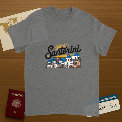 sport grey Santorini Greece Unisex Travel T-Shirt on wooden background with world map, passport, and boarding pass