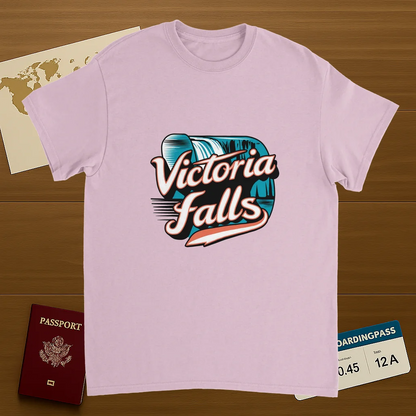 light pink Victoria Falls Unisex Travel T-Shirt on wooden background with world map, passport, and boarding pass