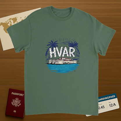 military green Hvar Croatia Unisex Travel T-Shirt on wooden background with world map, passport, and boarding pass