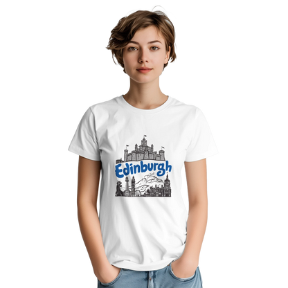 Edinburgh Scotland Unisex Travel T-Shirt on wooden background with world map, passport, and boarding pass