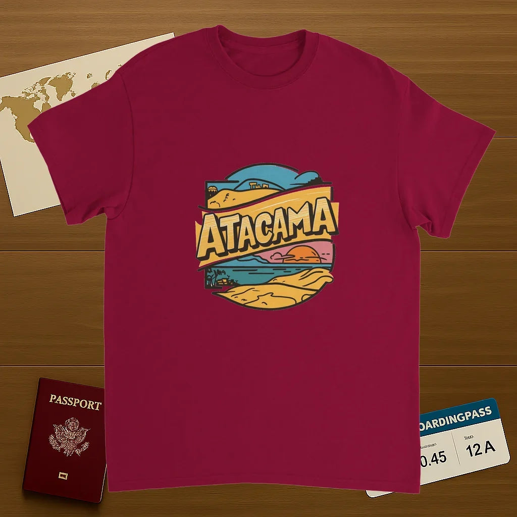 cardinal red Atacama Chile Unisex Travel T-Shirt on wooden background with world map, passport, and boarding pass