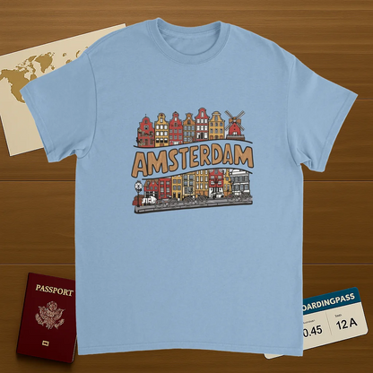 light blue Amsterdam Netherlands Unisex Travel T-Shirt on wooden background with world map, passport, and boarding pass