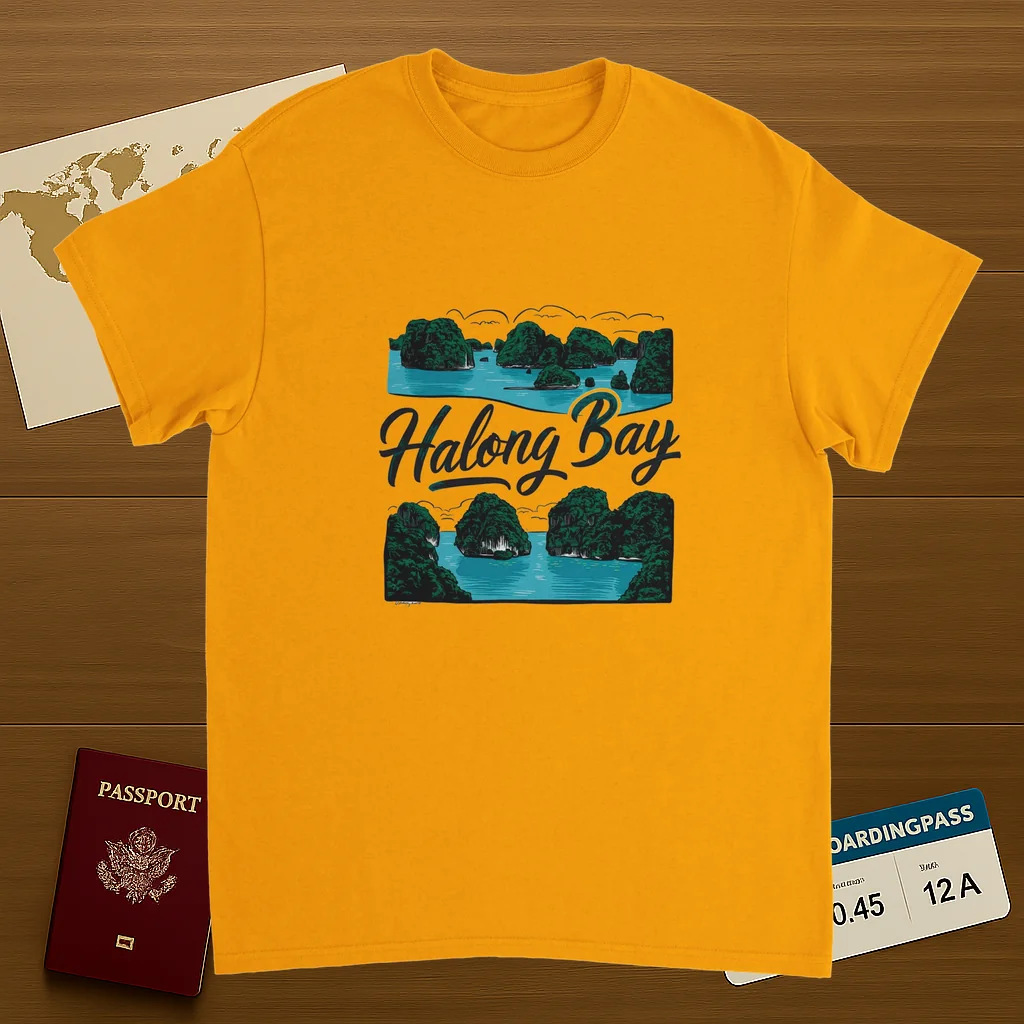 gold Halong Bay Vietnam Unisex Travel T-Shirt on wooden background with world map, passport, and boarding pass