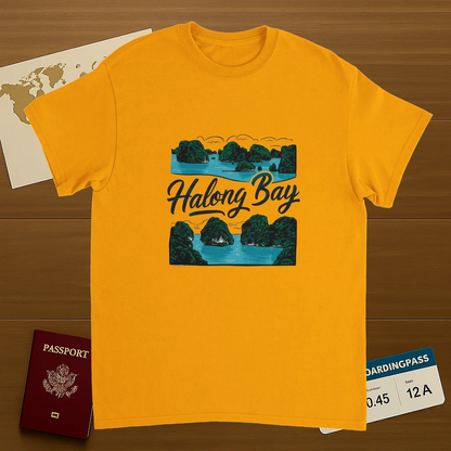 gold Halong Bay Vietnam Unisex Travel T-Shirt on wooden background with world map, passport, and boarding pass