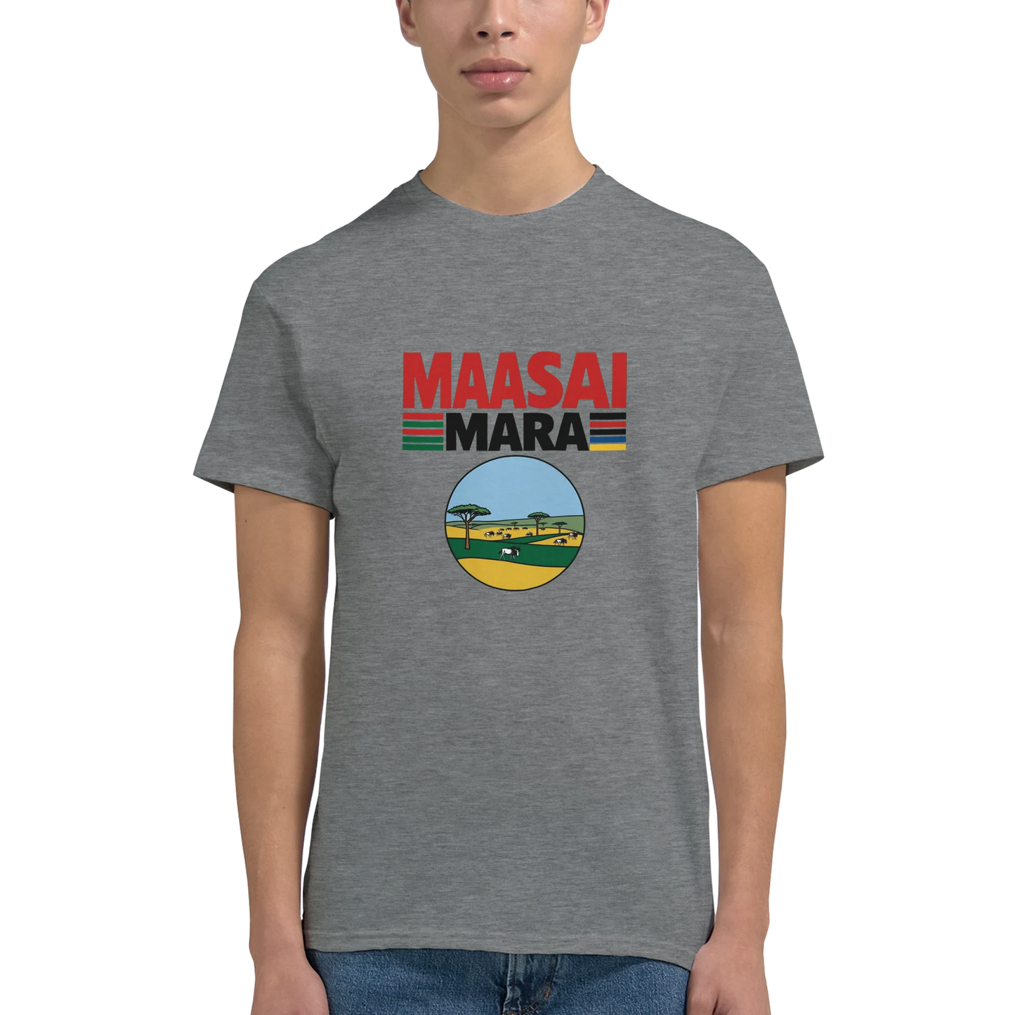 Maasai Mara Unisex Travel T-Shirt featuring a man