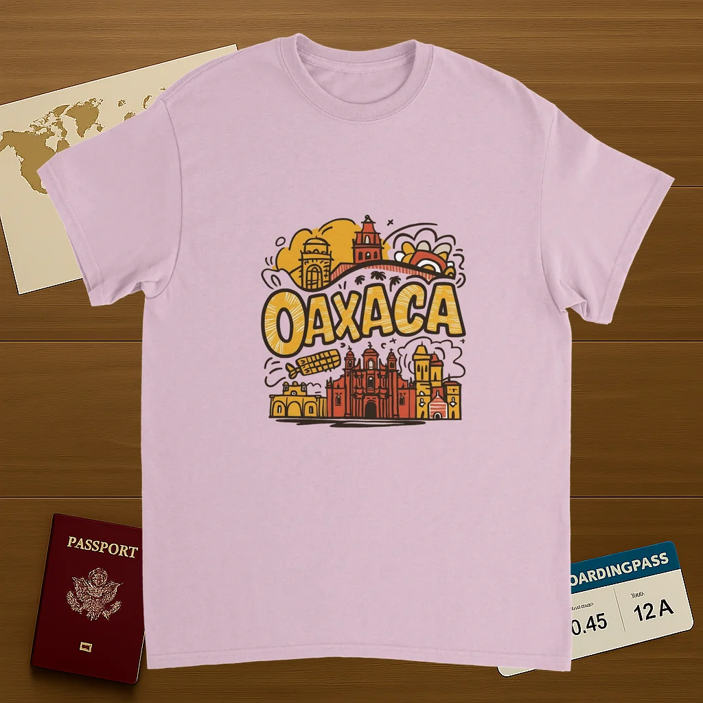light pink Oaxaca Mexico Unisex Travel T-Shirt on wooden background with world map, passport, and boarding pass