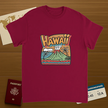 cardinal red Hawaii Unisex Travel T-Shirt on wooden background with world map, passport, and boarding pass