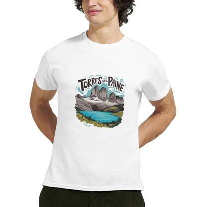 Torres del Paine Chile Unisex Travel T-Shirt featuring a man from the back