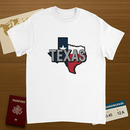 white Texas USA Unisex Travel T-Shirt on wooden background with world map, passport, and boarding pass