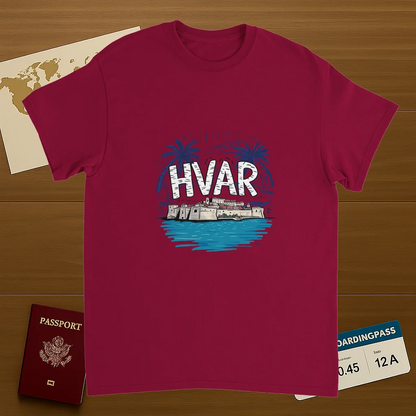 cardinal red Hvar Croatia Unisex Travel T-Shirt on wooden background with world map, passport, and boarding pass