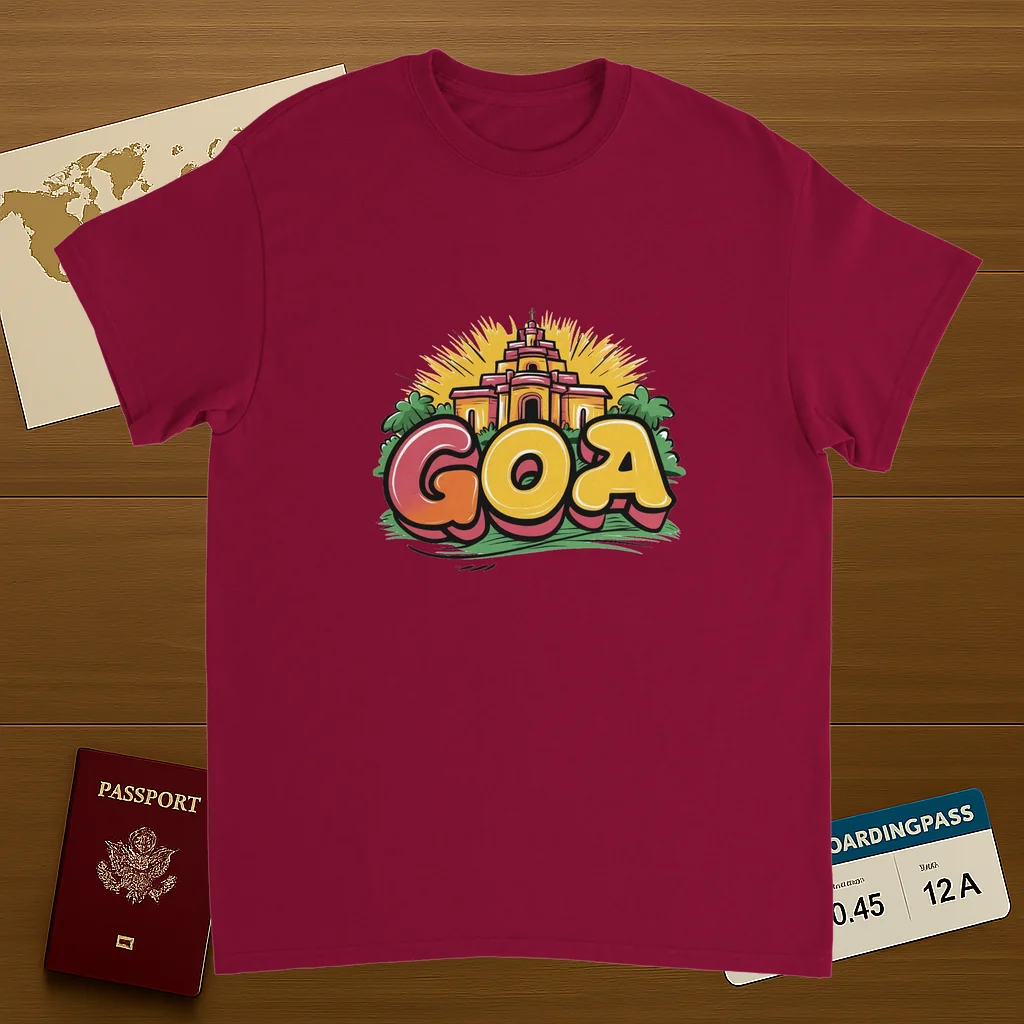 cardinal red Goa India Unisex Travel T-Shirt on wooden background with world map, passport, and boarding pass