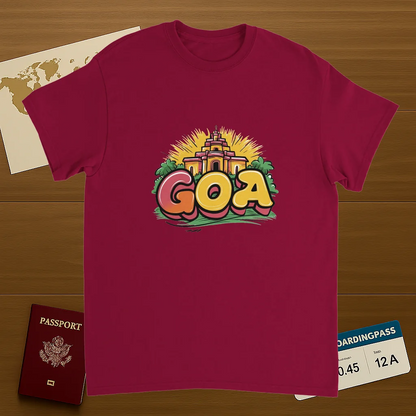 cardinal red Goa India Unisex Travel T-Shirt on wooden background with world map, passport, and boarding pass