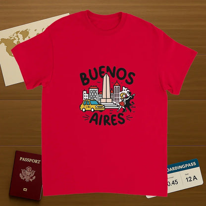 red Buenos Aires Argentina Unisex Travel T-Shirt on wooden background with world map, passport, and boarding pass