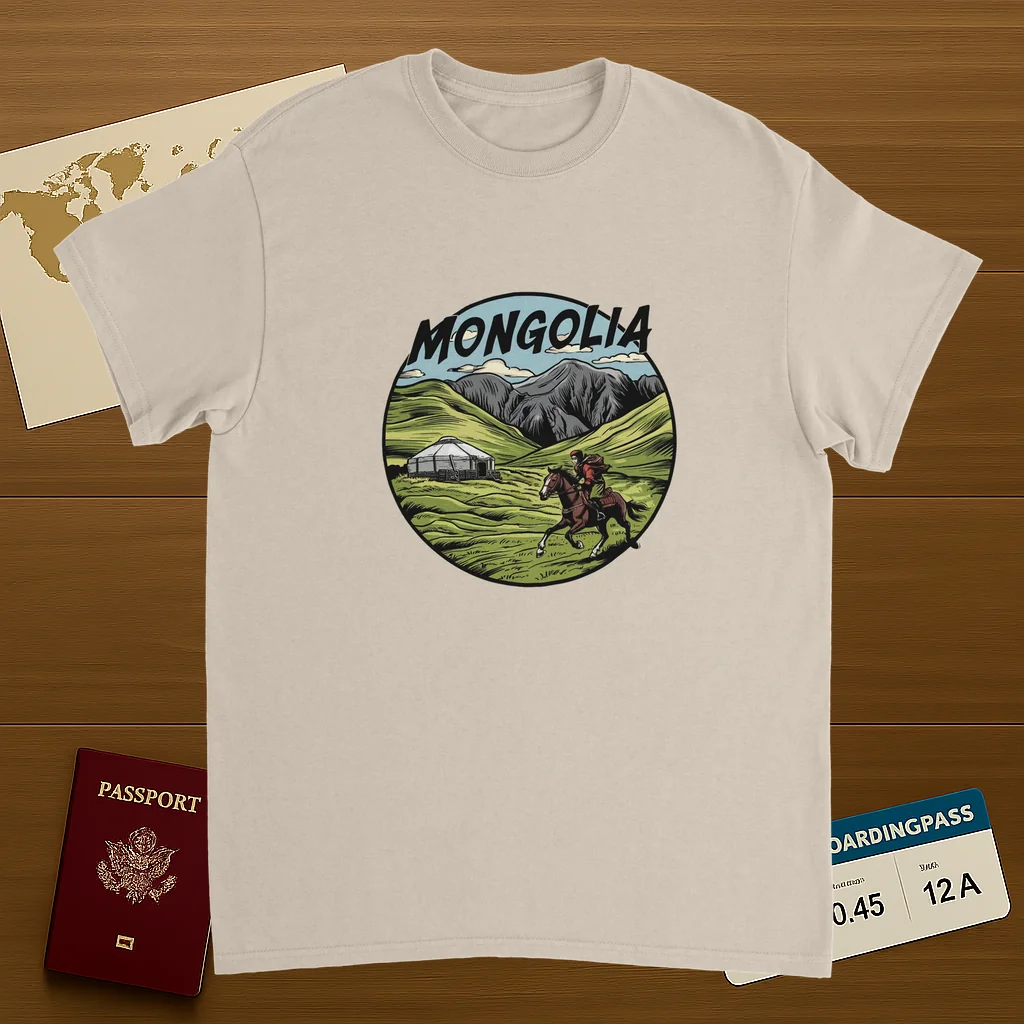 Mongolia Unisex Travel T-Shirt on wooden background with world map, passport, and boarding pass