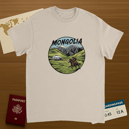 Mongolia Unisex Travel T-Shirt on wooden background with world map, passport, and boarding pass
