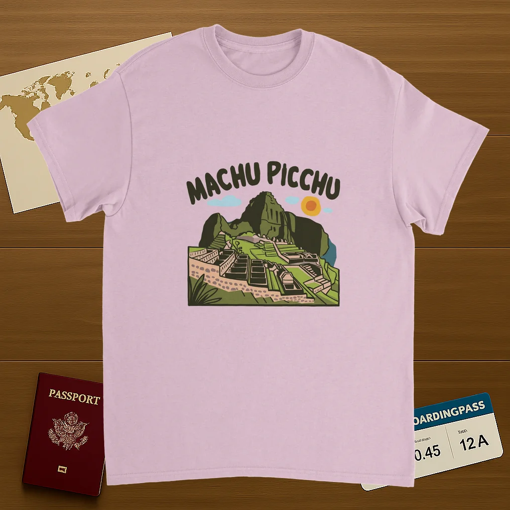 light pink Machu Picchu Unisex Travel T-Shirt on wooden background with world map, passport, and boarding pass