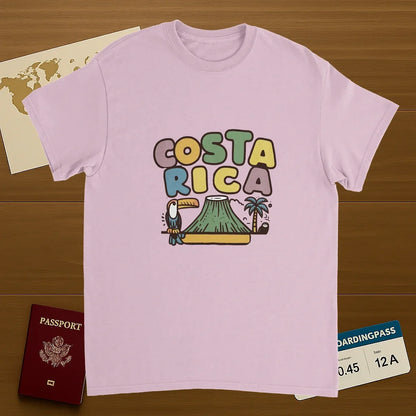 light pink Costa Rica Unisex Travel T-Shirt on wooden background with world map, passport, and boarding pass