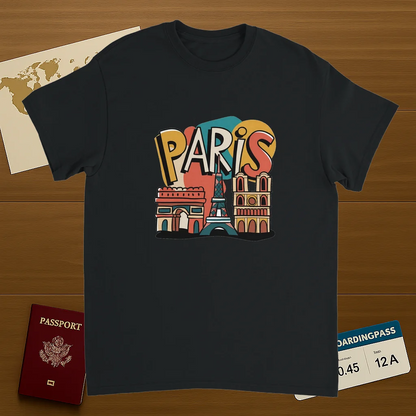 black Paris France Unisex Travel T-Shirt on wooden background with world map, passport, and boarding pass
