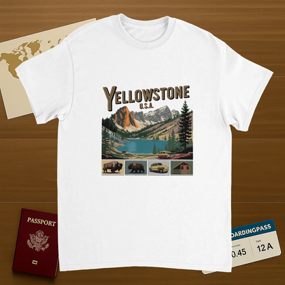 white Yellowstone USA Unisex Travel T-Shirt on wooden background with world map, passport, and boarding pass