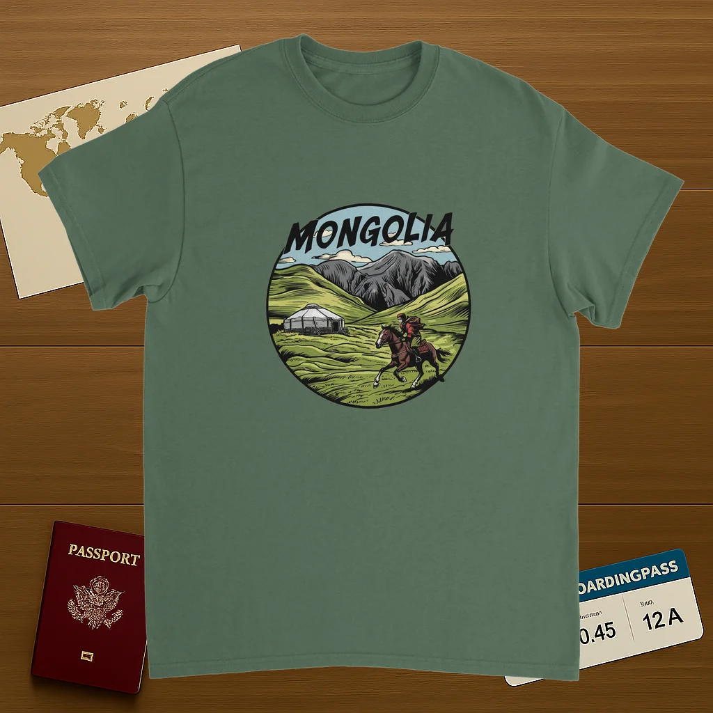 military green Mongolia Unisex Travel T-Shirt on wooden background with world map, passport, and boarding pass