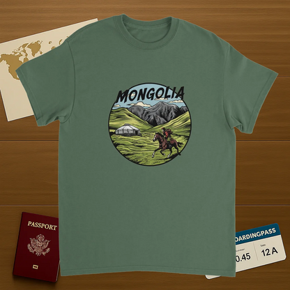 military green Mongolia Unisex Travel T-Shirt on wooden background with world map, passport, and boarding pass