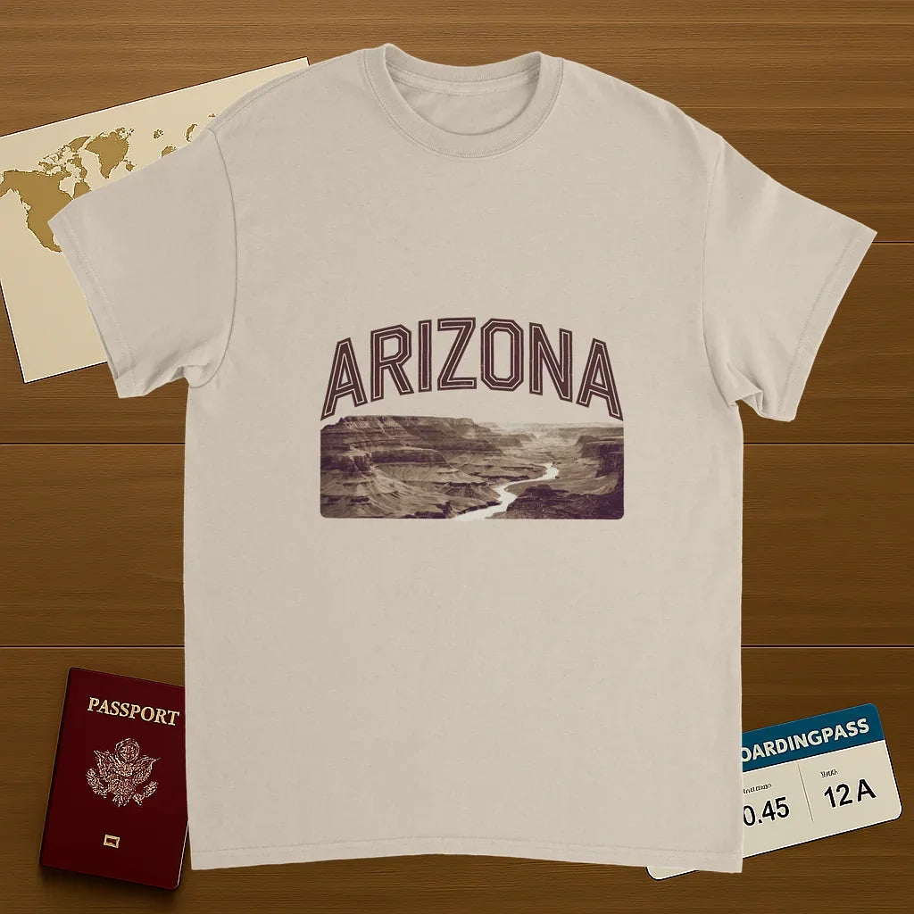 Arizona USA Unisex Travel T-Shirt on wooden background with world map, passport, and boarding pass