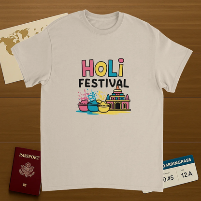Holi Festival Mathura India Unisex Travel T-Shirt on wooden background with world map, passport, and boarding pass
