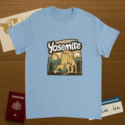 light blue Yosemite USA Unisex Travel T-Shirt on wooden background with world map, passport, and boarding pass