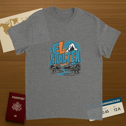 sport grey El Chaltén Argentina Unisex Travel T-Shirt on wooden background with world map, passport, and boarding pass
