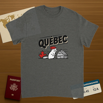Quebec Canada Unisex Travel T-Shirt on wooden background with world map, passport, and boarding pass