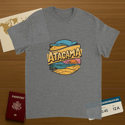 sport grey Atacama Chile Unisex Travel T-Shirt on wooden background with world map, passport, and boarding pass