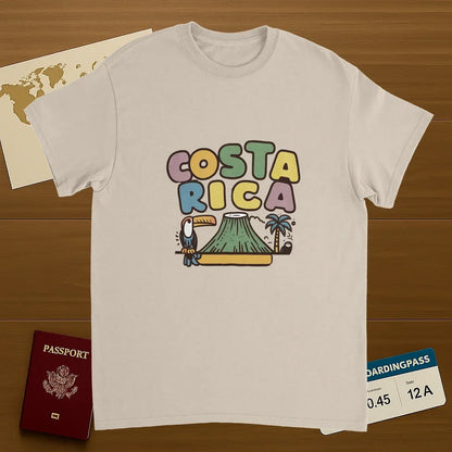 Costa Rica Unisex Travel T-Shirt on wooden background with world map, passport, and boarding pass