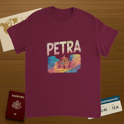 Petra Jordan Unisex Travel T-Shirt on wooden background with world map, passport, and boarding pass