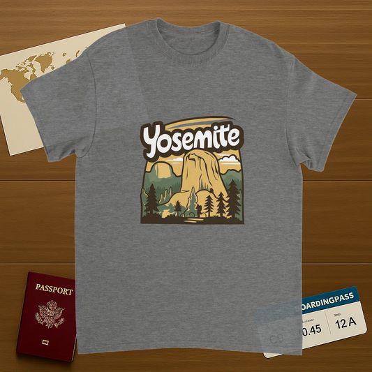 sport grey Yosemite USA Unisex Travel T-Shirt on wooden background with world map, passport, and boarding pass