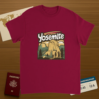 cardinal red Yosemite USA Unisex Travel T-Shirt on wooden background with world map, passport, and boarding pass