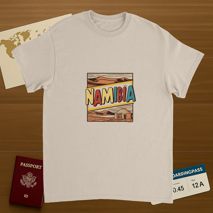 Namibia Unisex Travel T-Shirt on wooden background with world map, passport, and boarding pass