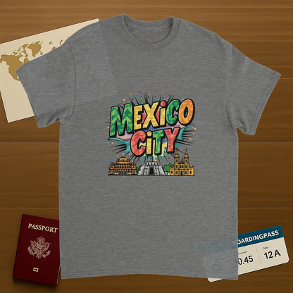sport grey Mexico City Unisex Travel T-Shirt on wooden background with world map, passport, and boarding pass