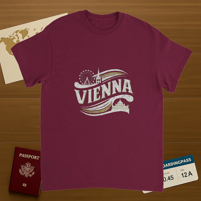 Vienna Austria Unisex Travel T-Shirt on wooden background with world map, passport, and boarding pass