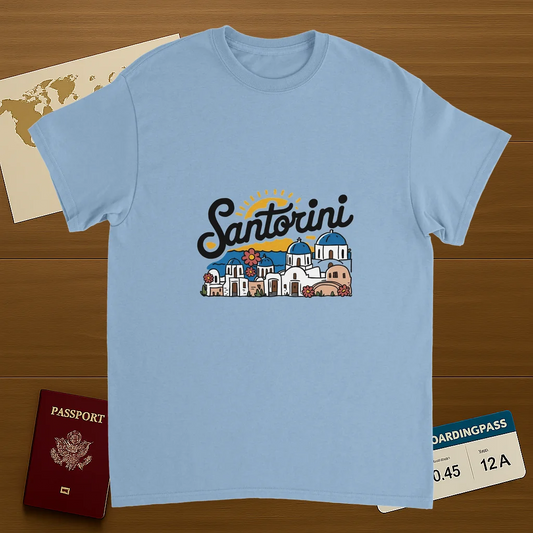 light blue Santorini Greece Unisex Travel T-Shirt on wooden background with world map, passport, and boarding pass