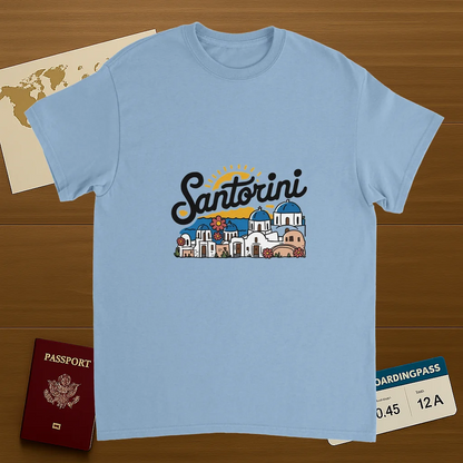 light blue Santorini Greece Unisex Travel T-Shirt on wooden background with world map, passport, and boarding pass