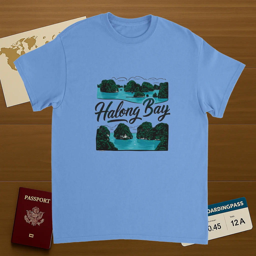 carolina blue Halong Bay Vietnam Unisex Travel T-Shirt on wooden background with world map, passport, and boarding pass