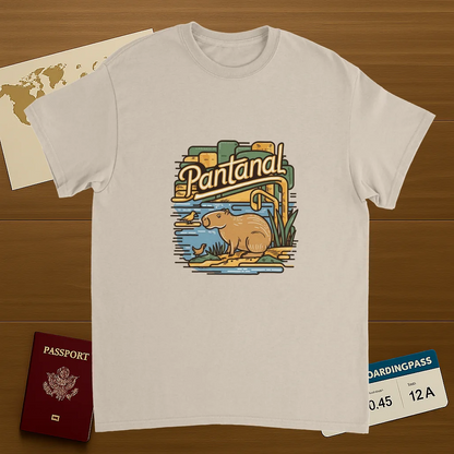 Pantanal Brazil Unisex Travel T-Shirt on wooden background with world map, passport, and boarding pass