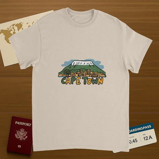 Cape Town South Africa Unisex Travel T-Shirt on wooden background with world map, passport, and boarding pass