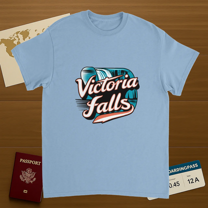 light blue Victoria Falls Unisex Travel T-Shirt on wooden background with world map, passport, and boarding pass