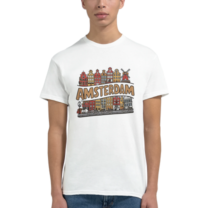 Amsterdam Netherlands Unisex Travel T-Shirt on wooden background with world map, passport, and boarding pass