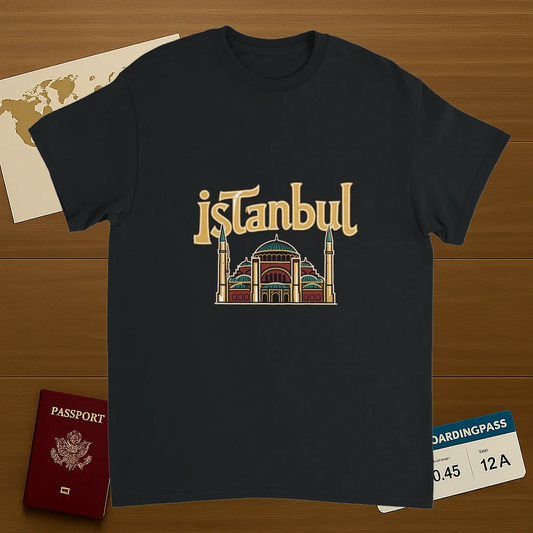black Istanbul Turkey Unisex Travel T-Shirt on wooden background with world map, passport, and boarding pass
