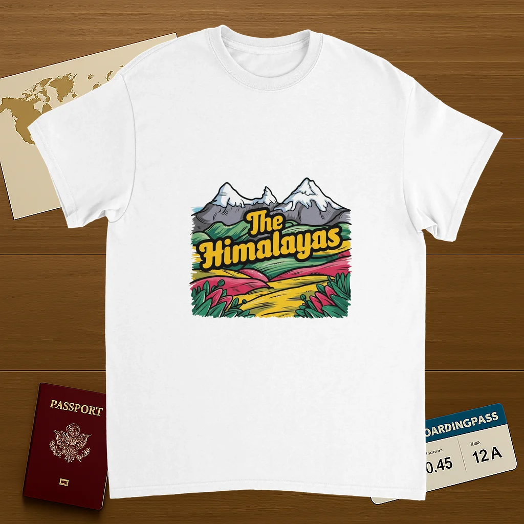 white Himalayas Unisex Travel T-Shirt on wooden background with world map, passport, and boarding pass