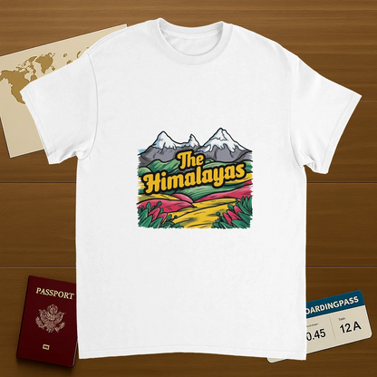 white Himalayas Unisex Travel T-Shirt on wooden background with world map, passport, and boarding pass