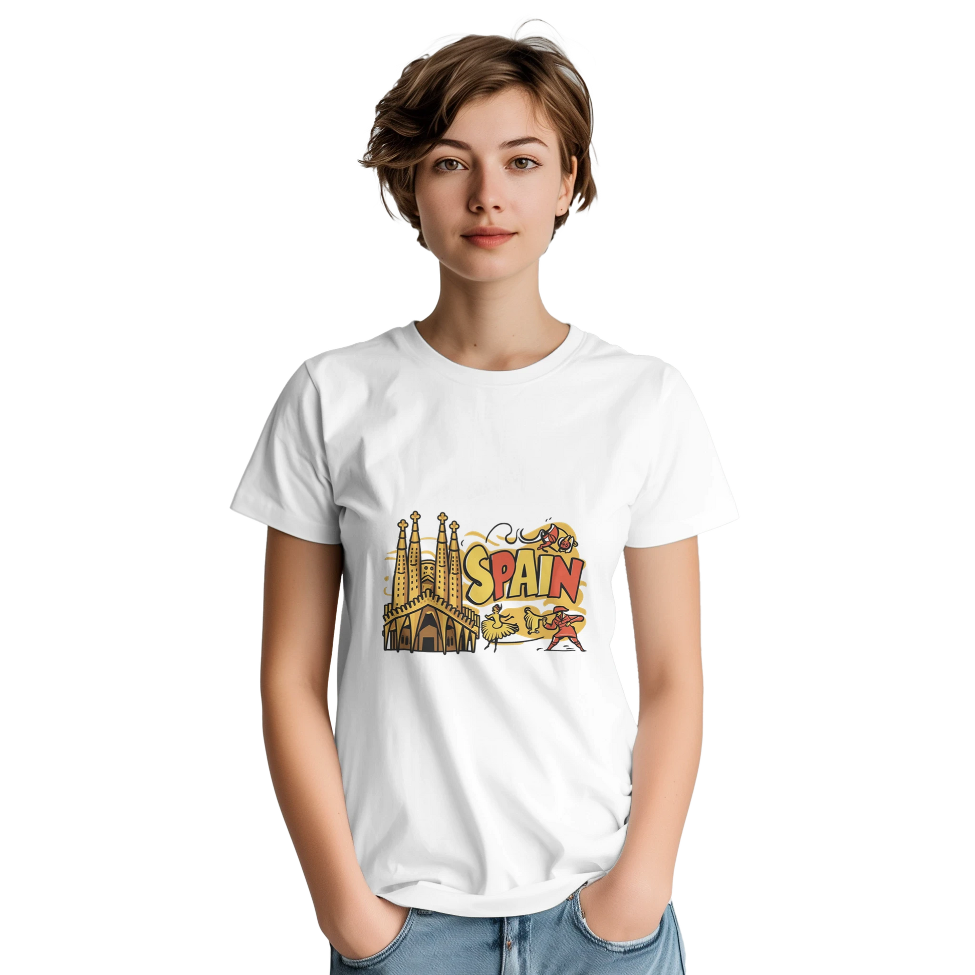 Spain Unisex Travel T-Shirt on wooden background with world map, passport, and boarding pass